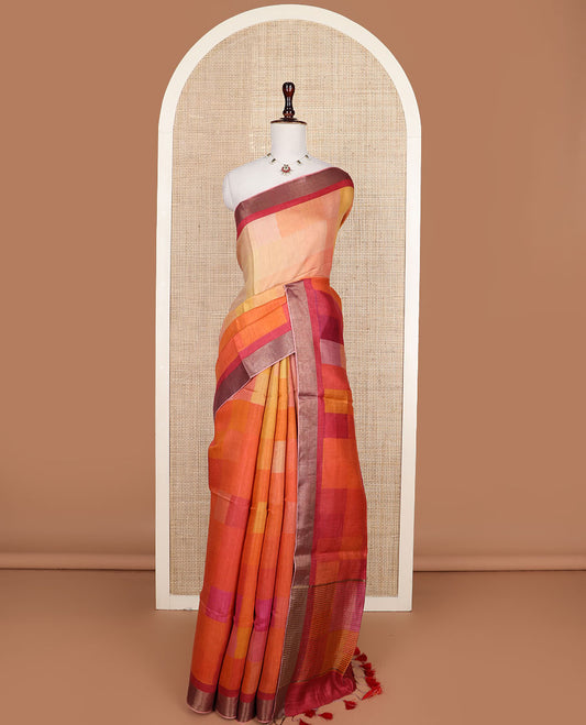 Multi-color blocked geometric-style printed tussar silk saree, bavanji border, and zari striped pallu