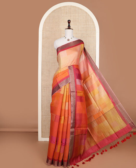 Multi-color blocked geometric-style printed tussar silk saree, bavanji border, and zari striped pallu