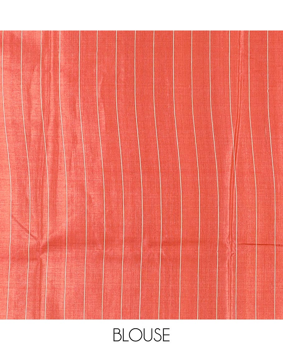 Orange buttas tussar silk saree, temple border and pallu of stripes and temple motifs