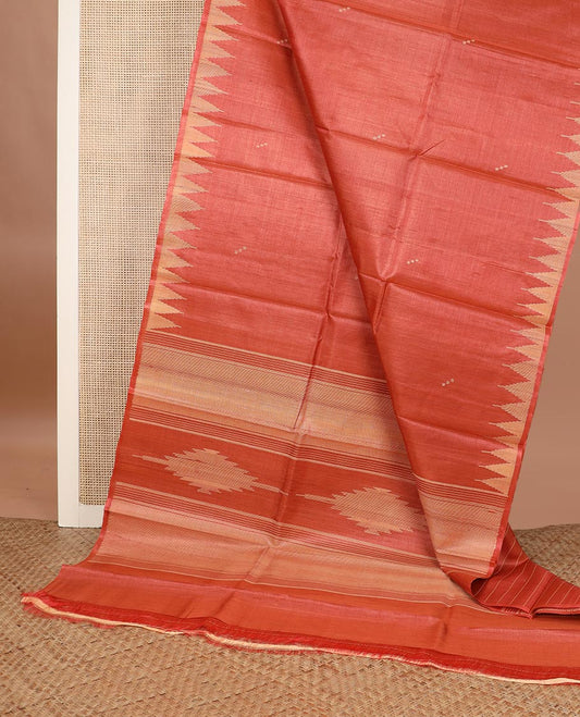 Orange buttas tussar silk saree, temple border and pallu of stripes and temple motifs