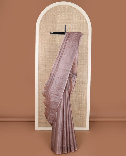 Pastel brown diagonal floral stripes thread embroidered tussar saree, floral creeper embroidered border