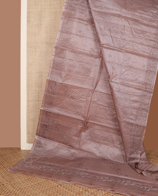 Pastel brown diagonal floral stripes thread embroidered tussar saree, floral creeper embroidered border