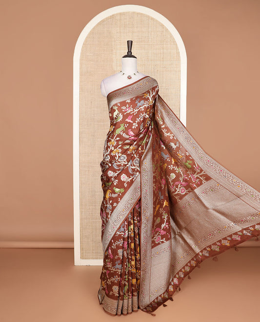 Brown floral vine and animal motifs meenakari design Matka silk saree, traditional design border, and intricate pallu