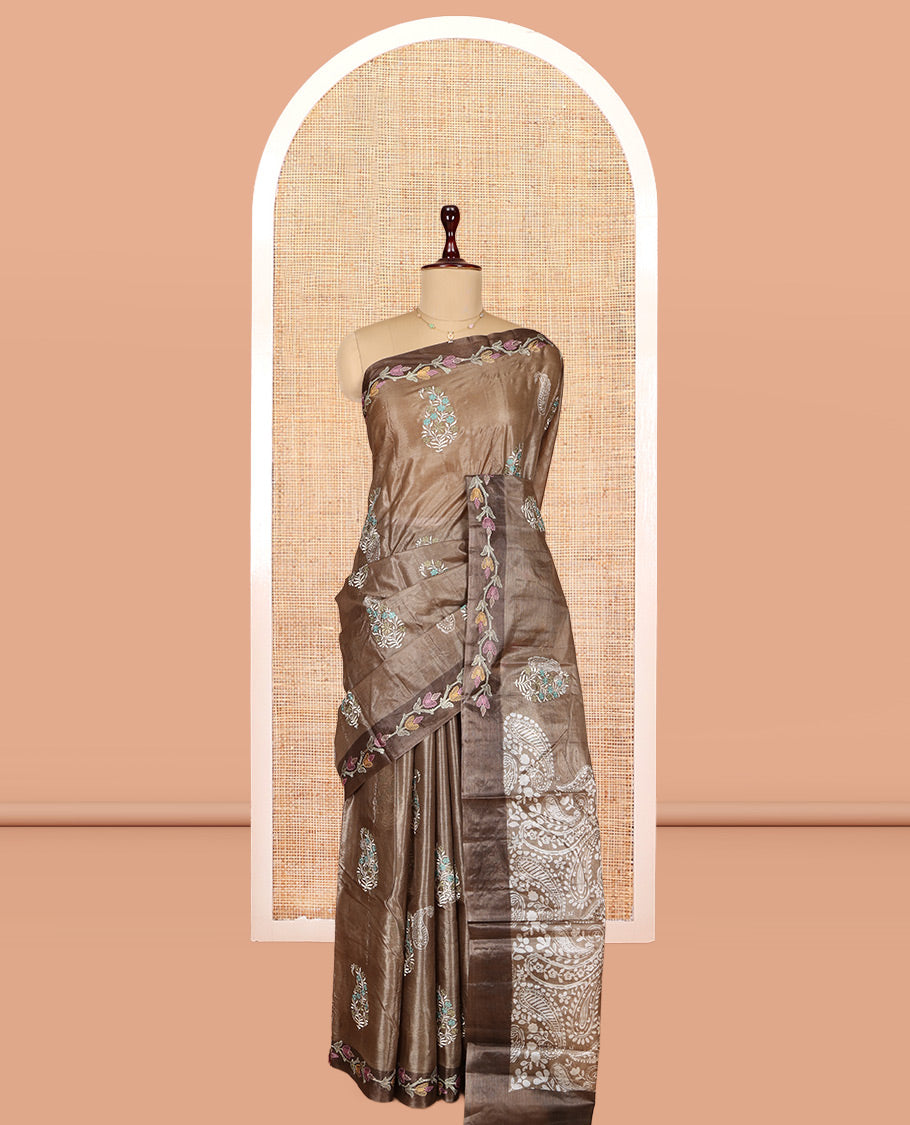 Brown Tusser Silk Saree, Finely Crafted with Paisley Embroidered Buttas, a Embroidered Border, Paisley Pallu, and a Matching Blouse