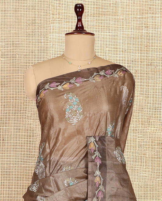 Brown Tusser Silk Saree, Finely Crafted with Paisley Embroidered Buttas, a Embroidered Border, Paisley Pallu, and a Matching Blouse
