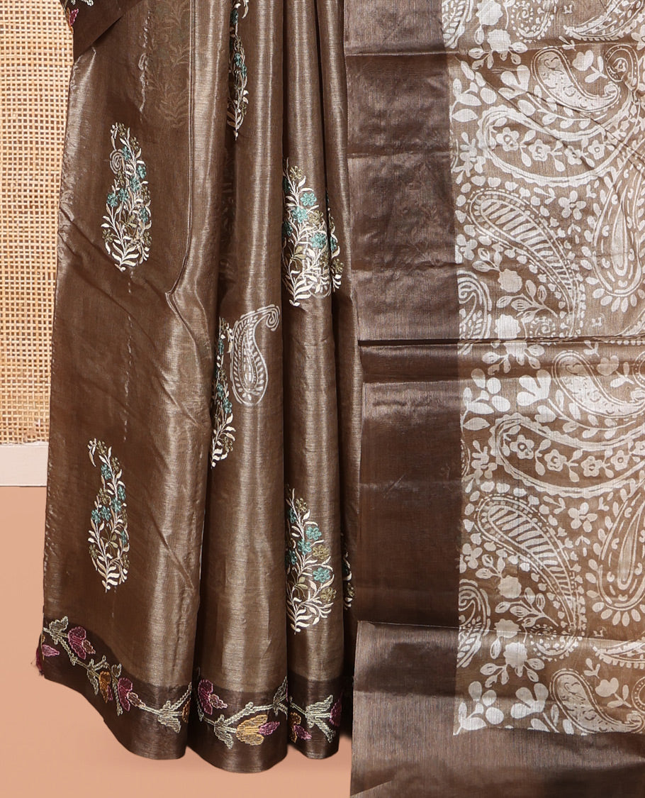 Brown Tusser Silk Saree, Finely Crafted with Paisley Embroidered Buttas, a Embroidered Border, Paisley Pallu, and a Matching Blouse