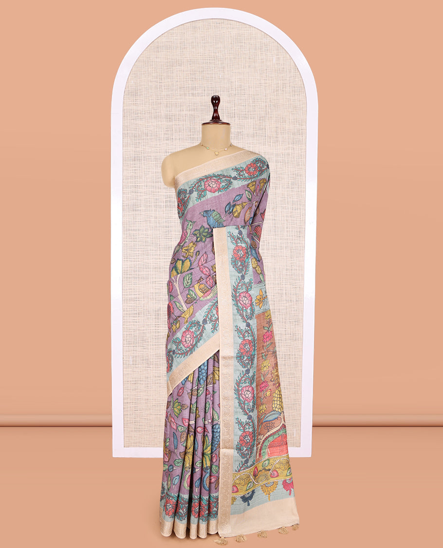Violet Kalamkari Printed Fancy Tussar Saree