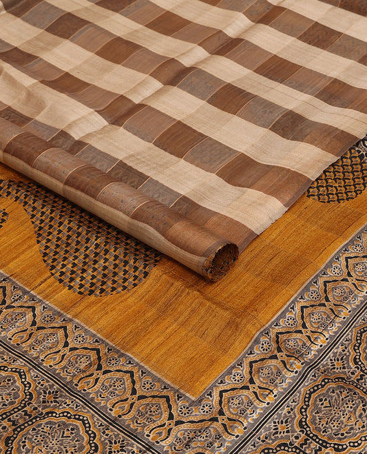Borderless brown checked tussar saree, contrast paisley & ajrakh-style intricately printed pallu