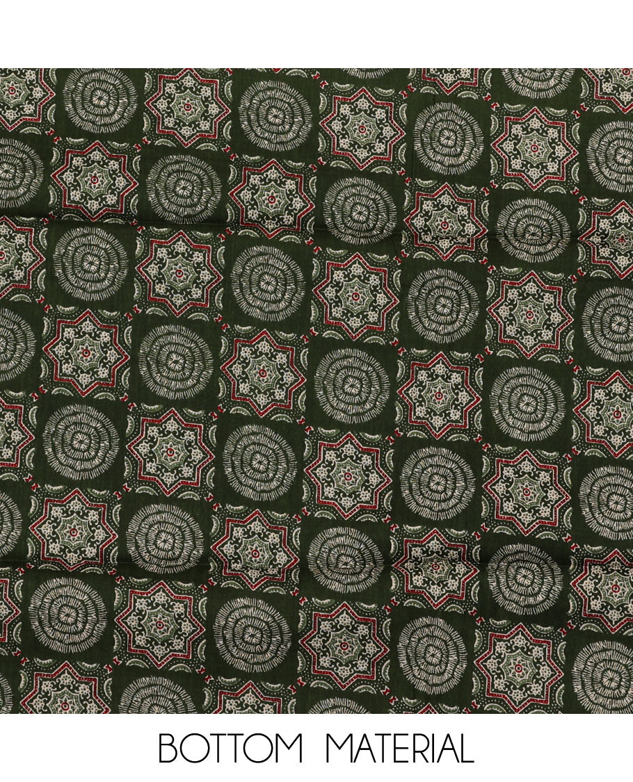 Cream-green material chudidar set, Ajrakh printed patch neck work top, contrast Ajrakh printed bottom, and thread embroidered dupatta