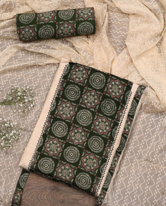 Cream-green material chudidar set, Ajrakh printed patch neck work top, contrast Ajrakh printed bottom, and thread embroidered dupatta