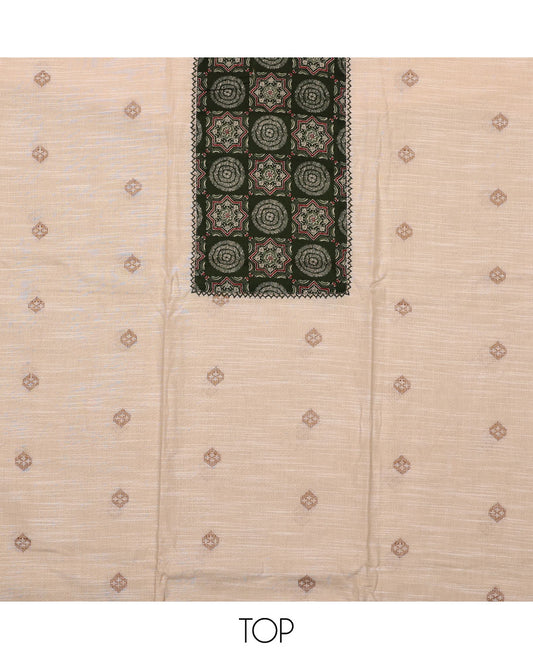Cream-green material chudidar set, Ajrakh printed patch neck work top, contrast Ajrakh printed bottom, and thread embroidered dupatta