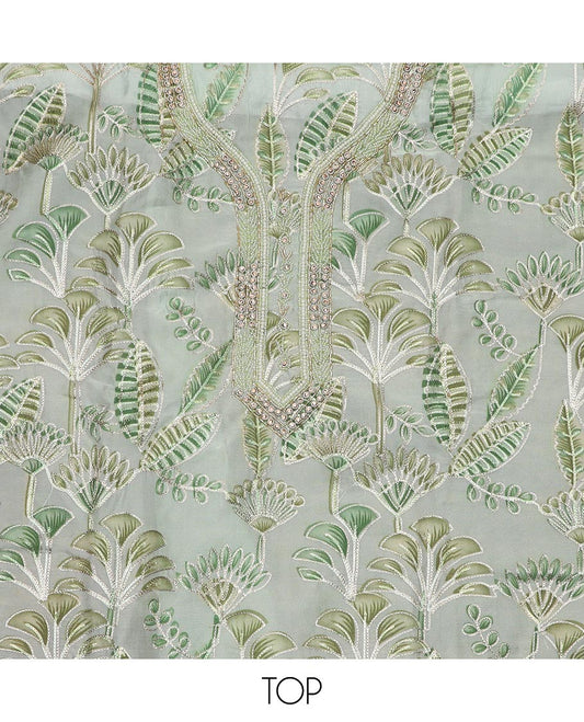 Green material chudidar set, tropical printed with neck embroidered top, plain bottom, and thread embroidered dupatta