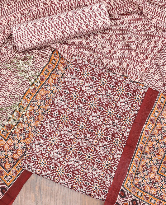 Brown chudidhar material set ogee pattern top with striped floral bottom & floral design dupatta