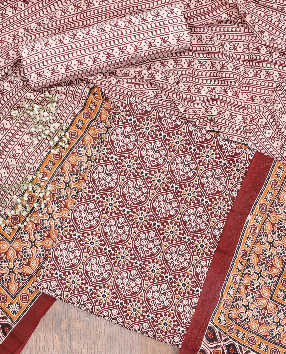Brown chudidhar material set ogee pattern top with striped floral bottom & floral design dupatta