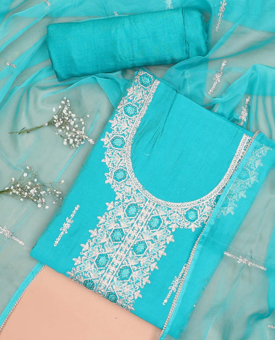 Blue chudidhar material set floral thread embroidery, plain bottom & floral thread embroidered dupatta