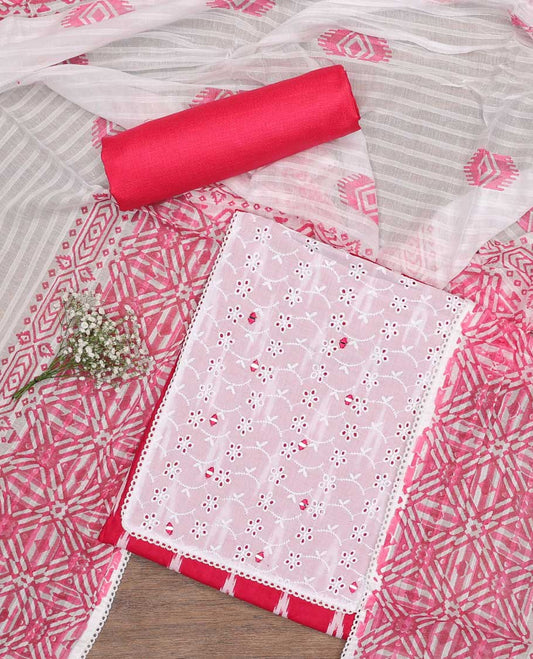 Pink chudidhar material set ikkat style design with geometric thread embroidey top , plain bottom & intricate printed design dupatta