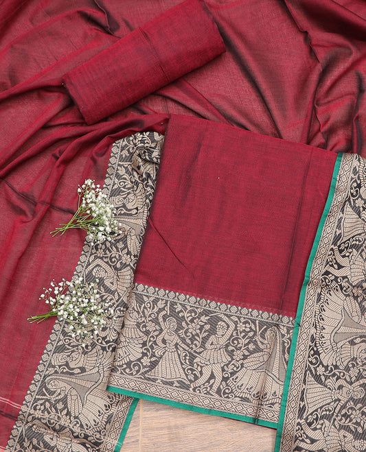 Maroon wedding design chudidhar material top with plain bottom & plain, zari design border dupatta