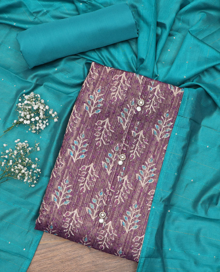Purple material chudidar set, batik motifs printed top, contrast plain bottom and sequins striped dupatta