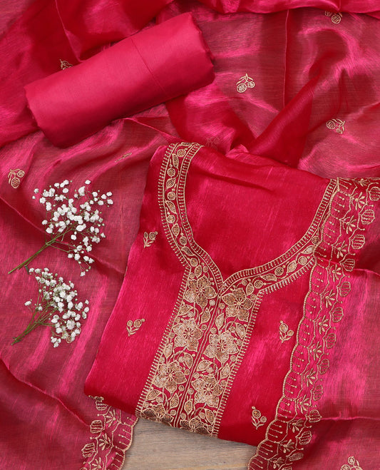 Hot Pink material chudidar set, floral thread embroidered top, plain bottom, and scallop thread embroidered dupatta