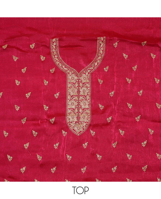 Hot Pink material chudidar set, floral thread embroidered top, plain bottom, and scallop thread embroidered dupatta