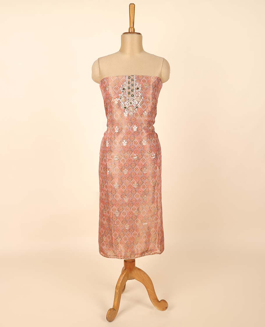 Pink material chudidhar set, jacquard & embroidered top, plain bottom & floral printed dupatta