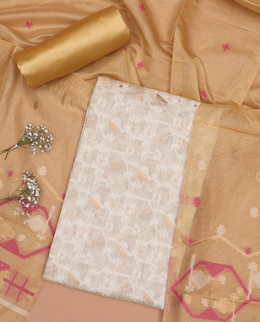 Cream chudidhar material set, ikkat floral design top , brown plain bottom & ikkat floral zari design dupatta