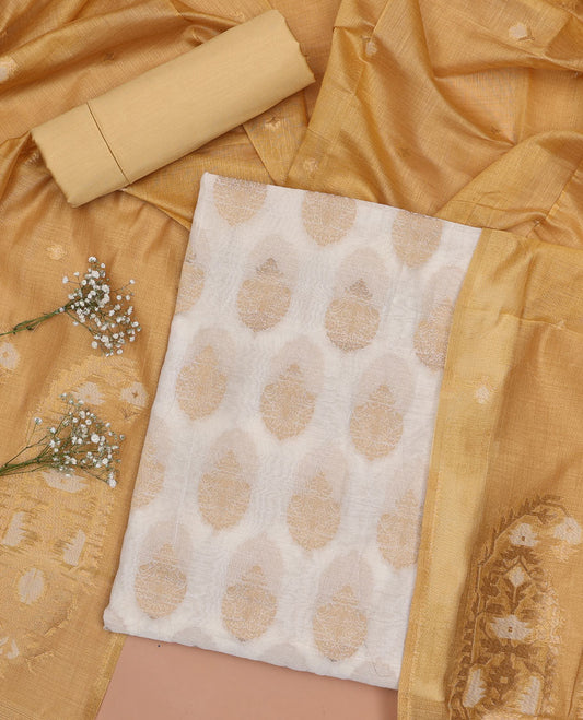 Cream chudidhar material set, floral motifs top, mustard plain bottom & floral design dupatta
