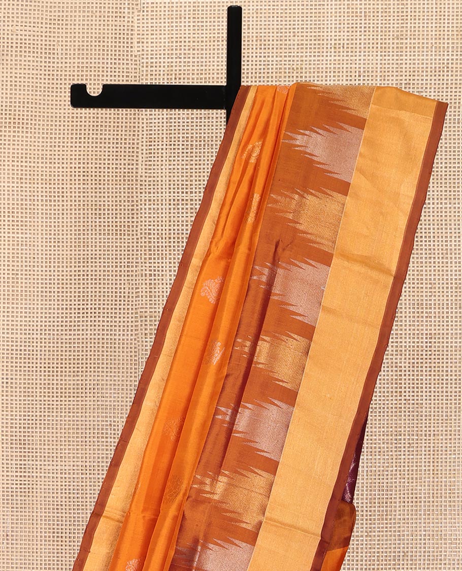 Orange Uppada Silk Saree, Sparsely Woven with Buttas All Over Its Body, Complemented by a Contrast Temple Border, Pallu Pictures Leaf Designs, and Paired with a Contrast Blouse