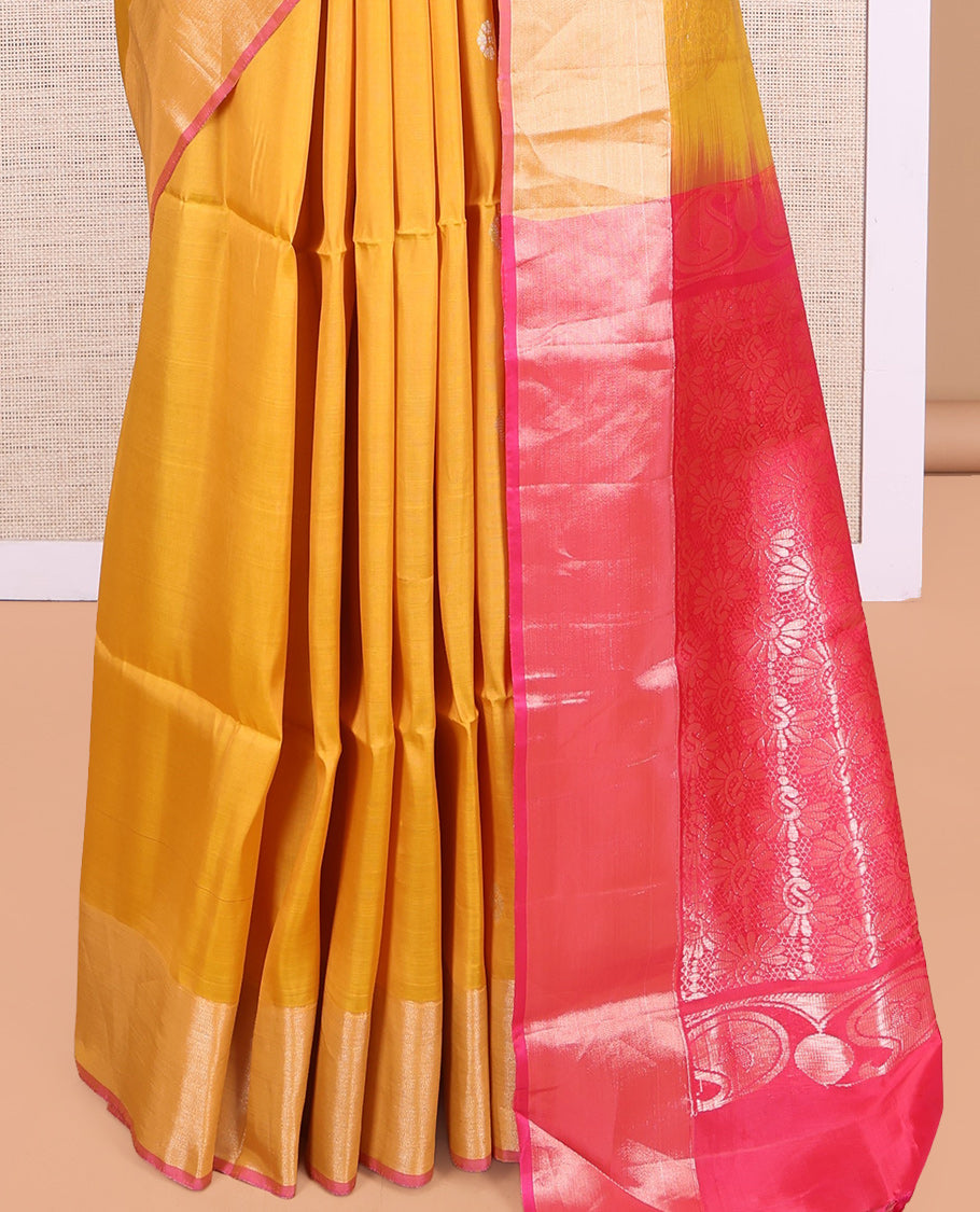 Yellow Uppada Saree, Embellished with Zari Buttas, a Bavanji Border, Contrast Intricate Pallu, and a Contrast Blouse