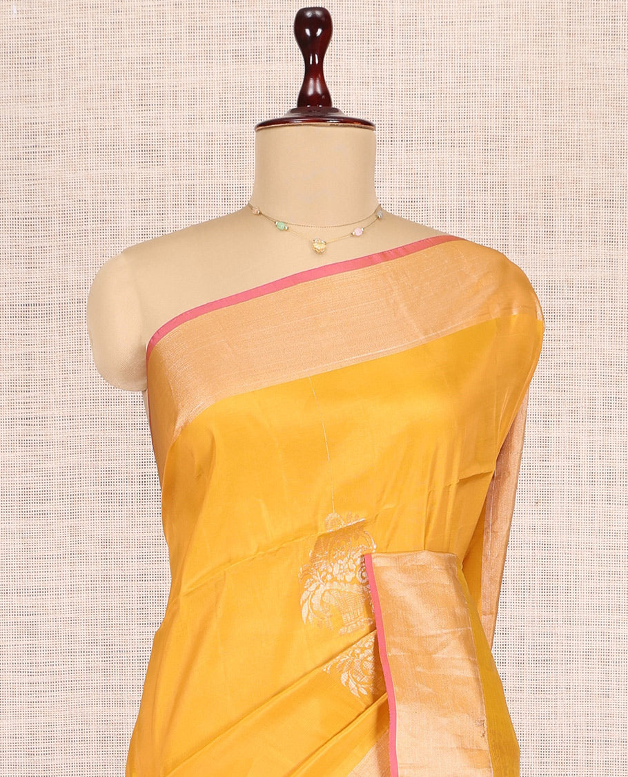 Yellow Uppada Saree, Embellished with Zari Buttas, a Bavanji Border, Contrast Intricate Pallu, and a Contrast Blouse