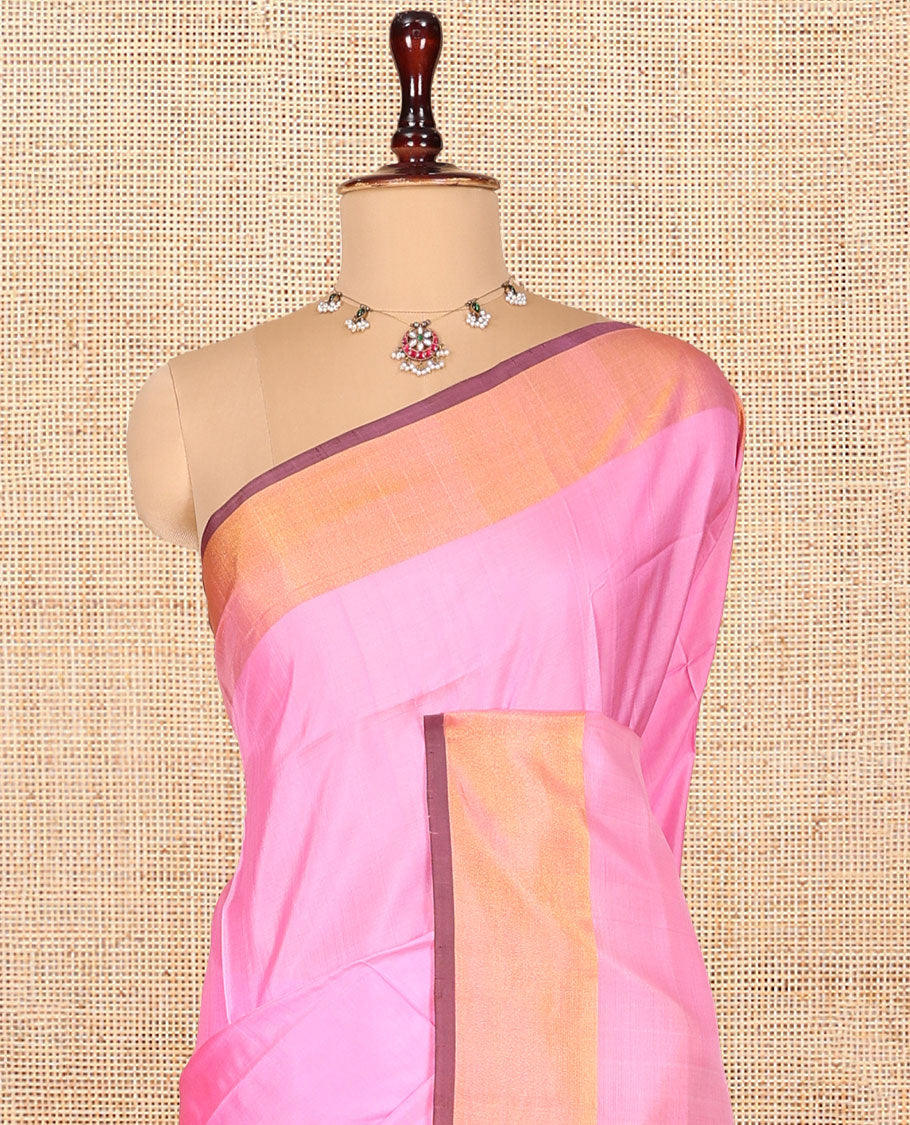 Pink Plain Uppada Silk Saree, Complemented by a Contrast Zari Border, Contrast Plain Pallu, and a Contrast Blouse