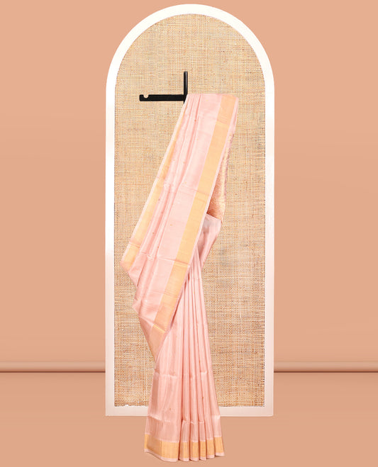 Peach Uppada Silk Saree, Ornamented with Zari Buttas, a Bavanji Border, Floral Jaal Pallu, and a Matching Blouse