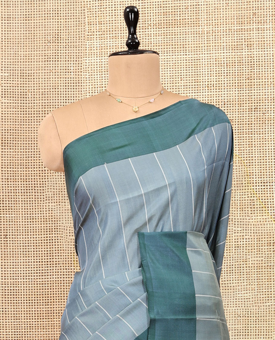 Grey Striped Uppada Silk Saree, Complemented by a Contrast Border, Plain Pallu, and a Contrast Blouse
