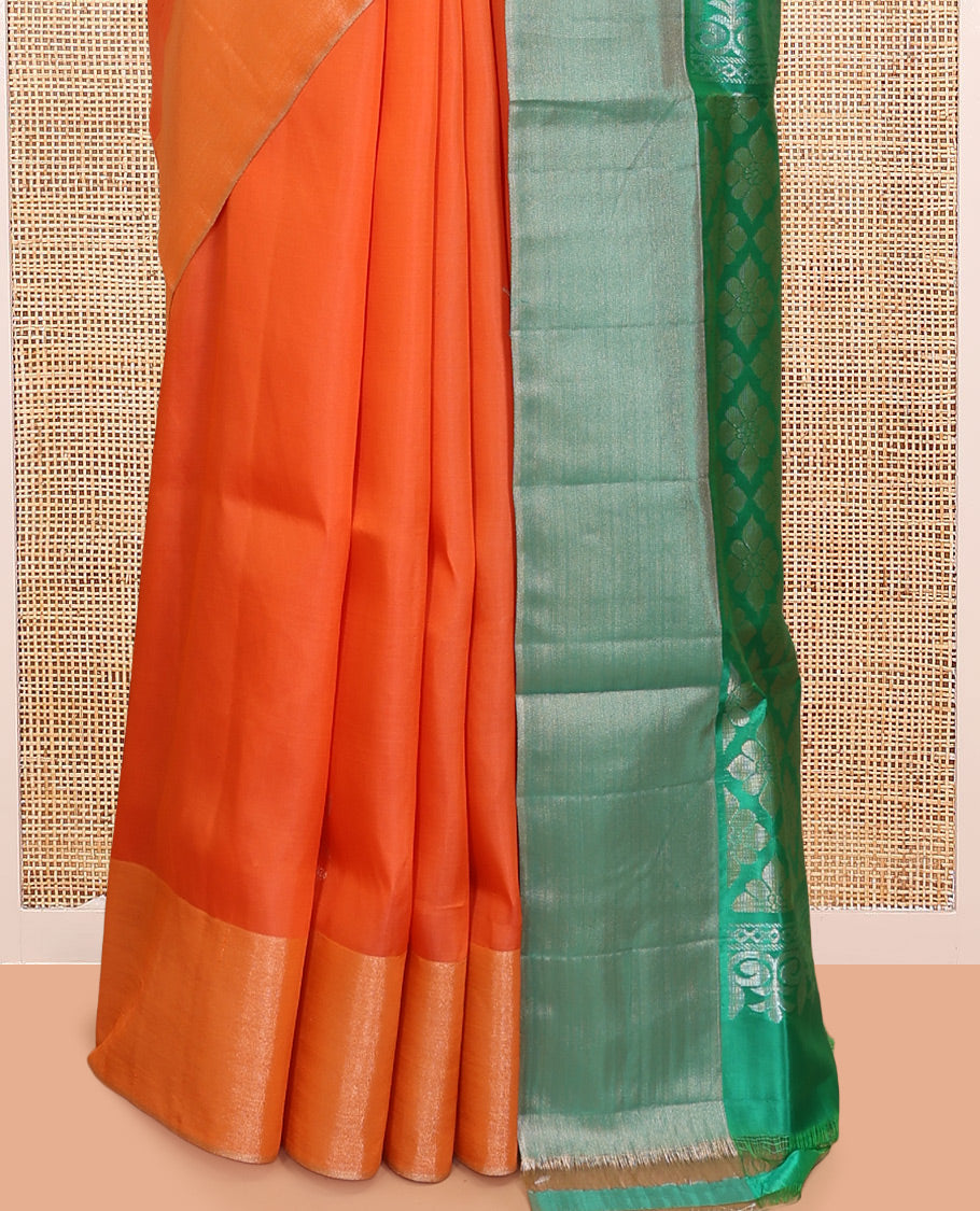 Orange Semi Uppada Saree, Enriched with Zari Buttas, a Bavanji Border, Contrast Intricate Pallu, and a Contrast Blouse