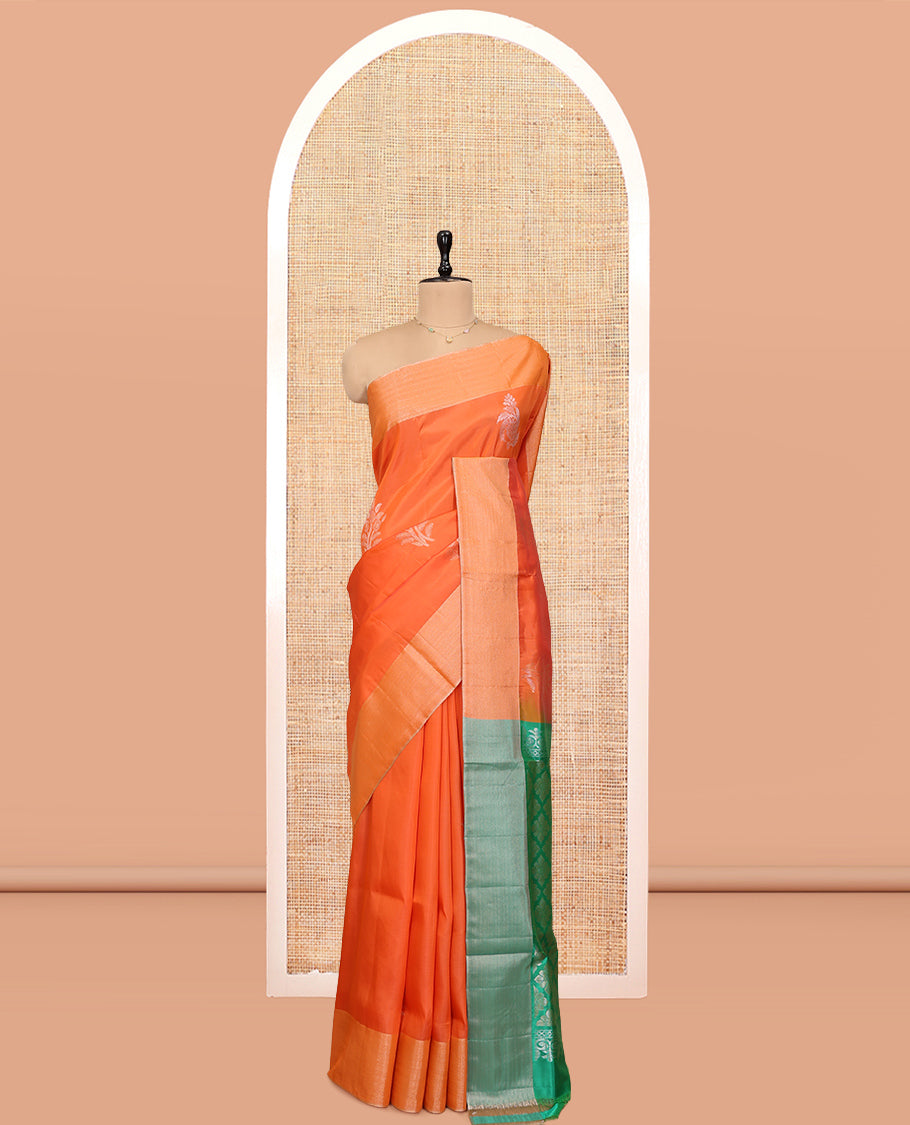 Orange Semi Uppada Saree, Enriched with Zari Buttas, a Bavanji Border, Contrast Intricate Pallu, and a Contrast Blouse