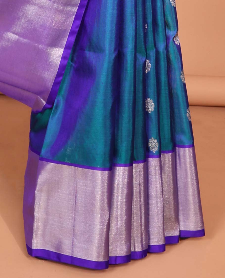 Blue flower motifs vengatagiri pure silk saree , contrast bavanji border & pallu of argyle pattern