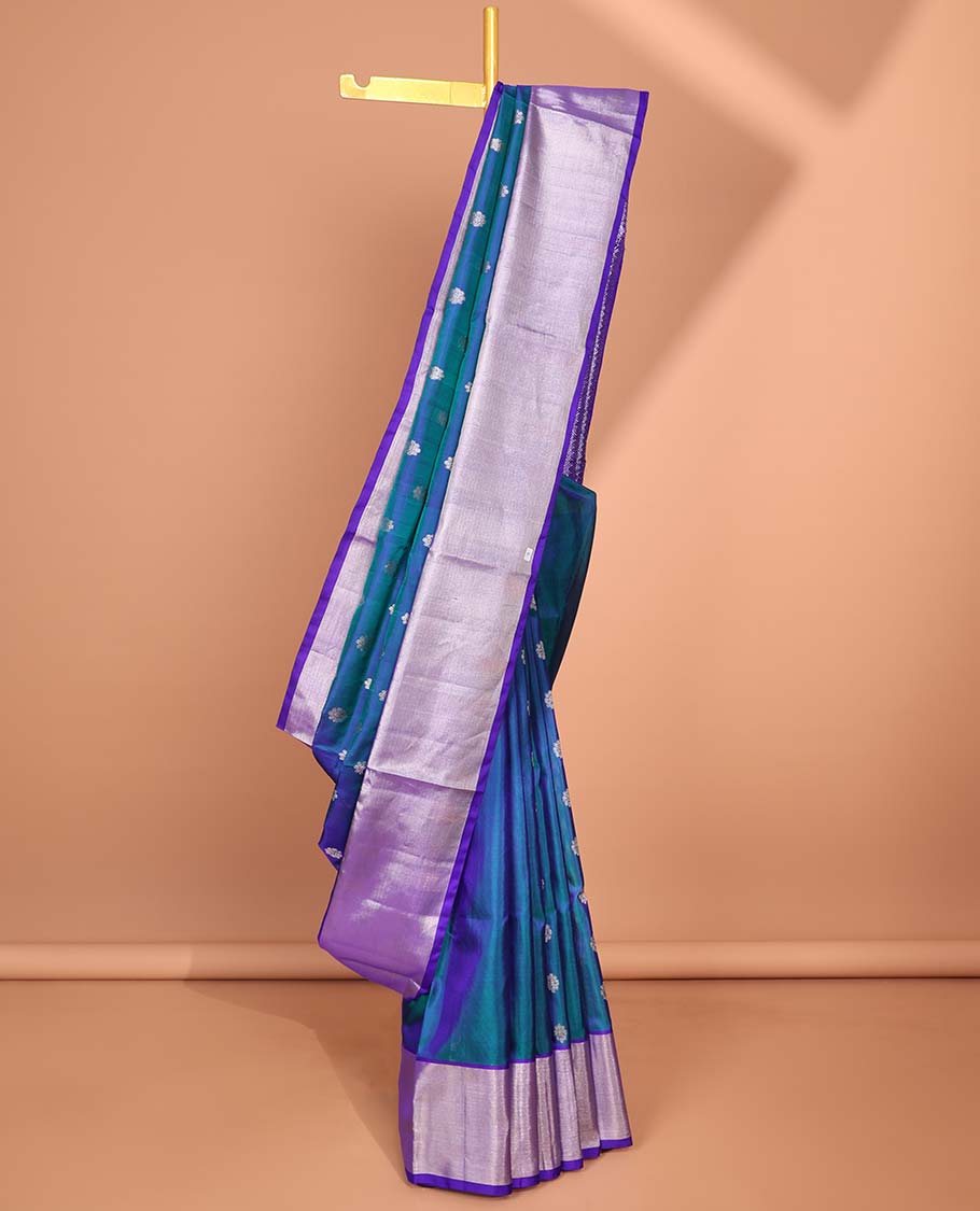 Blue flower motifs vengatagiri pure silk saree , contrast bavanji border & pallu of argyle pattern