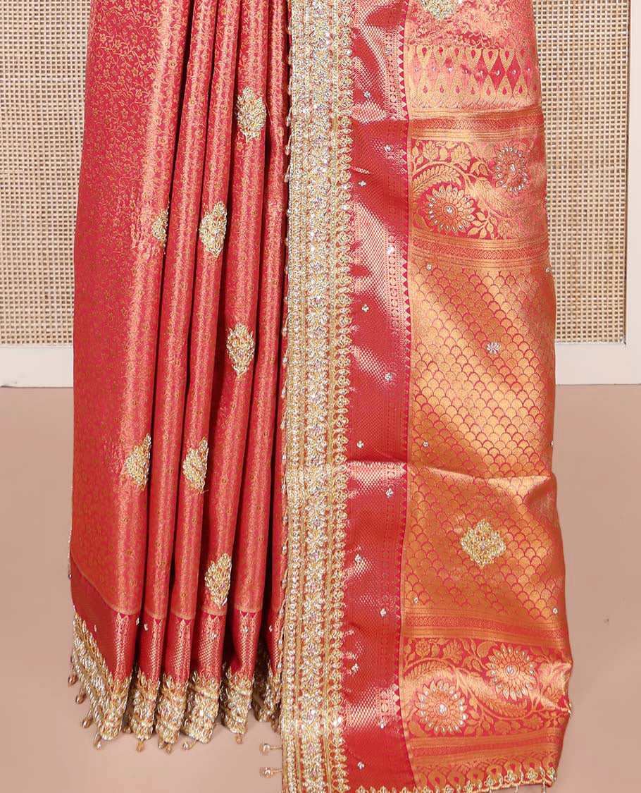 Red Vastrakala Silk Saree, Beautifully Highlighted with Floral Jacquard and Patch Stone Work, Highlighted by Traditional Zari and Lace Embroidered Border, Grand Scallop Design Stone Work Pallu, and Paired with Heavy Embroidered Blouse