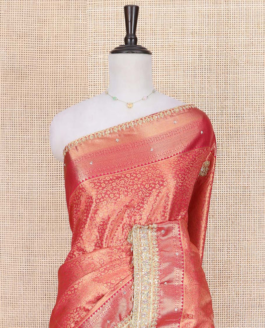 Red Vastrakala Silk Saree, Beautifully Highlighted with Floral Jacquard and Patch Stone Work, Highlighted by Traditional Zari and Lace Embroidered Border, Grand Scallop Design Stone Work Pallu, and Paired with Heavy Embroidered Blouse
