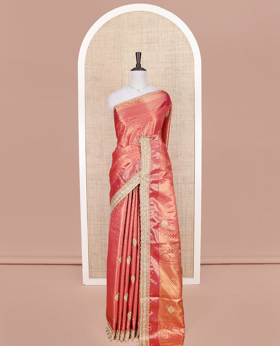 Red Vastrakala Silk Saree, Beautifully Highlighted with Floral Jacquard and Patch Stone Work, Highlighted by Traditional Zari and Lace Embroidered Border, Grand Scallop Design Stone Work Pallu, and Paired with Heavy Embroidered Blouse