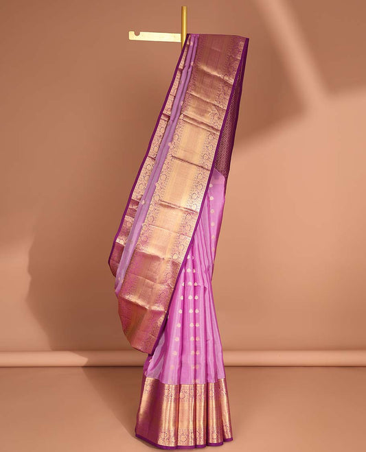 Lavender leaf buttas vasundhara elite silk saree with contrast intricate zari design border & floral enclosed checked design pallu