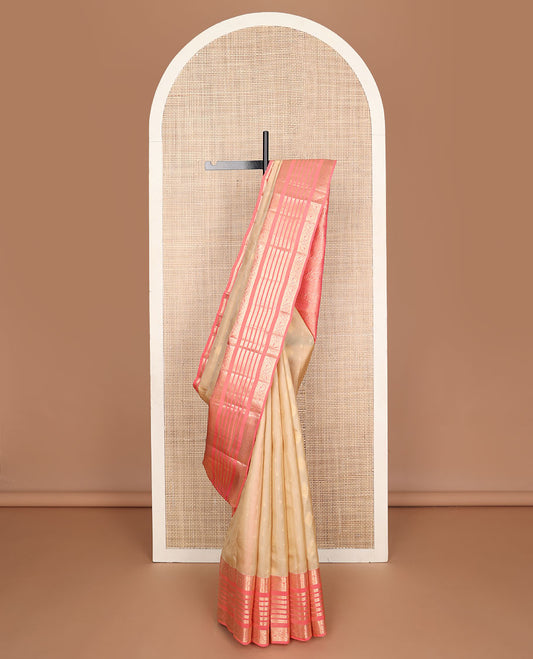 Sandal zari buttas vasundhara elite silk saree, contrast border & pallu features thilakam, poun, neli & kodi visiry design