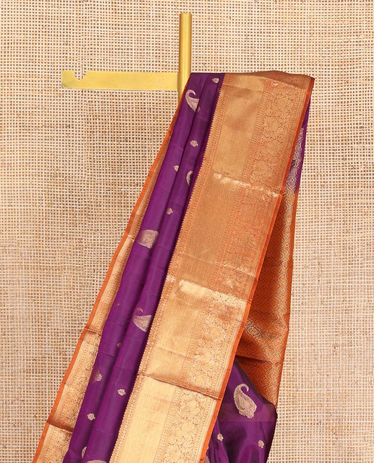 Purple Vasundhara Lite-Silk Mix Saree, Bedecked with Manga Buttas All Over Its Body, Complemented by a Contrast Border of Rekku, Muthu, Kamalam, and Mayil Designs, Grand Pallu of Ogee Designs, and Paired with a Contrast Blouse