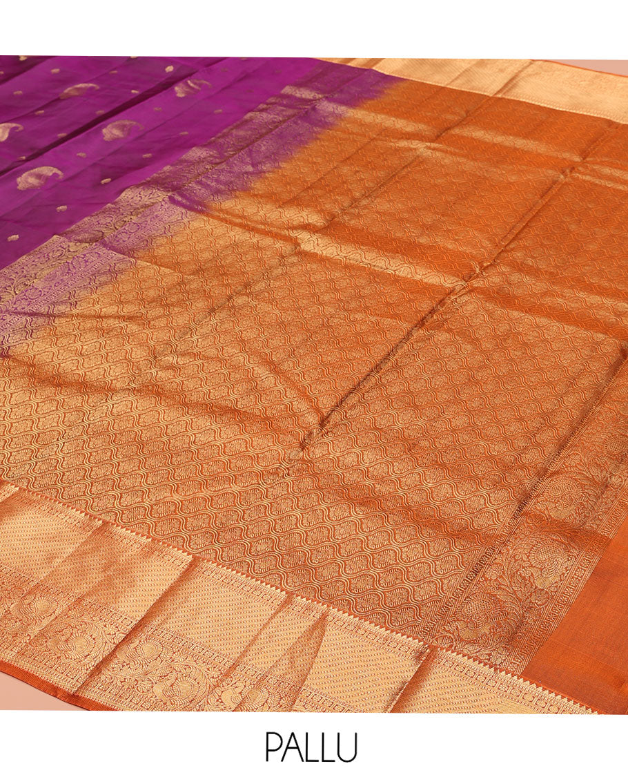 Purple Vasundhara Lite-Silk Mix Saree, Bedecked with Manga Buttas All Over Its Body, Complemented by a Contrast Border of Rekku, Muthu, Kamalam, and Mayil Designs, Grand Pallu of Ogee Designs, and Paired with a Contrast Blouse