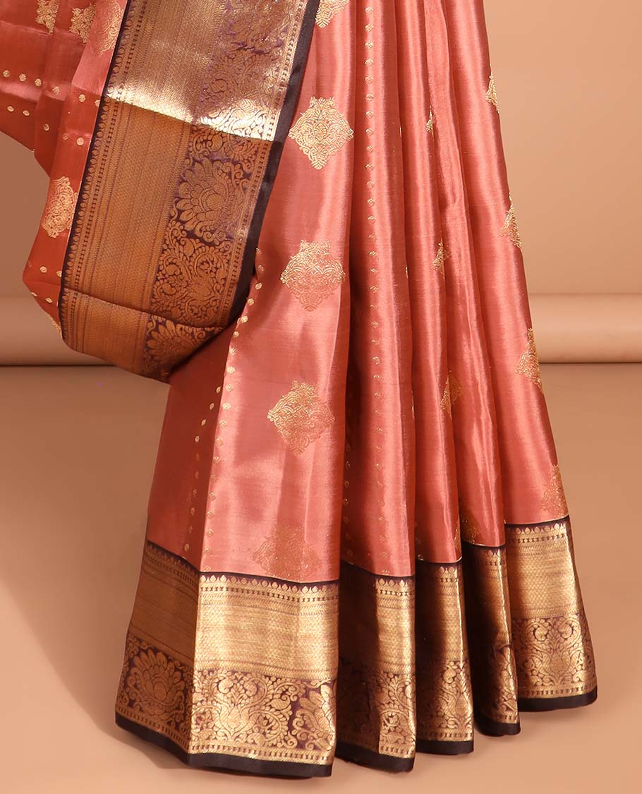 Orange geometric design vasundhara silk mix saree with contrast intricate zari design border & floral zari design pallu