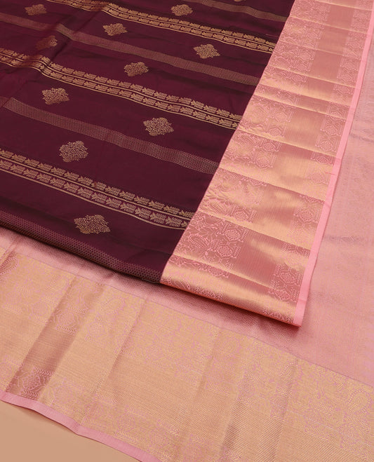 Purple Vasundhara Lite Silk Mix Saree, Ornamented with Zari Designs All Over Its Body, Complemented by Contrast Border of Mayil, Chakram, and Kuyil Kann Designs, Grand Jaal Pallu, and Paired with a Contrast Blouse