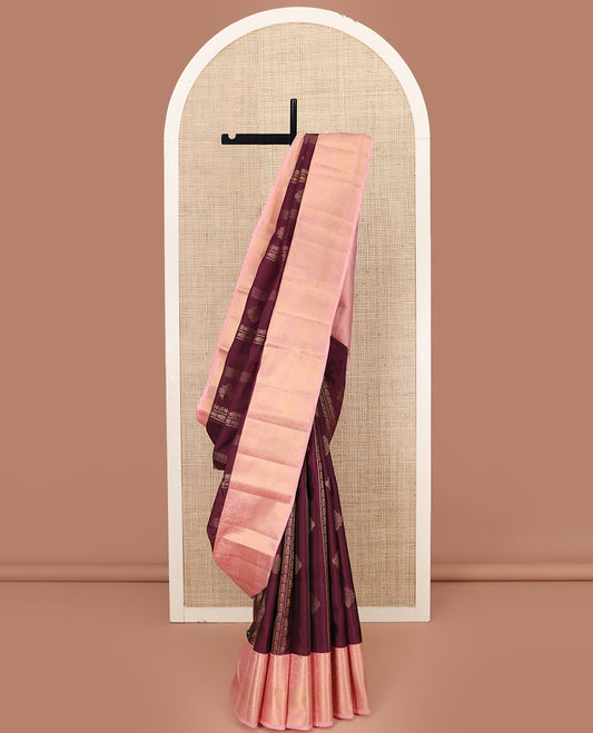 Purple Vasundhara Lite Silk Mix Saree, Ornamented with Zari Designs All Over Its Body, Complemented by Contrast Border of Mayil, Chakram, and Kuyil Kann Designs, Grand Jaal Pallu, and Paired with a Contrast Blouse