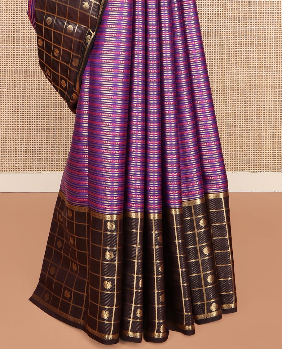 Purple Vasundhara Lite Silk Mix Saree, Featuring Zari Stripes and Neli Stripes on Its Body, Complemented by a Contrast Border of Kamalam and Mayil Butta Enclosed Checked Designs, Intricately Designed Pallu, and Paired with a Contrast Blouse