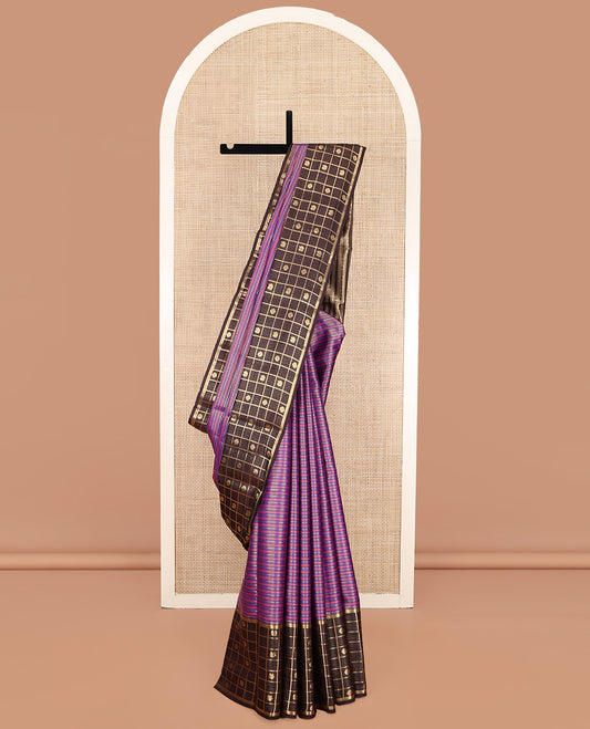 Purple Vasundhara Lite Silk Mix Saree, Featuring Zari Stripes and Neli Stripes on Its Body, Complemented by a Contrast Border of Kamalam and Mayil Butta Enclosed Checked Designs, Intricately Designed Pallu, and Paired with a Contrast Blouse