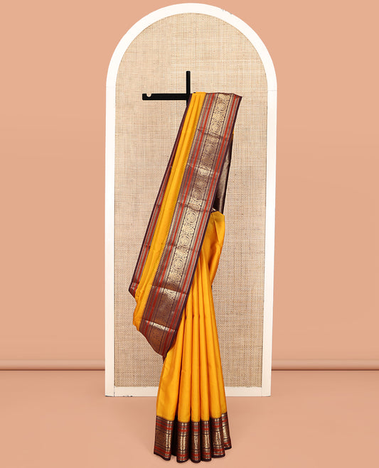 Yellow Plain Vasundhara Lite-Silk Mix Saree, Complemented by a Contrast Border of Muthu, Kathir, and Chakram Designs, Jaal Pallu, and a Contrast Blouse